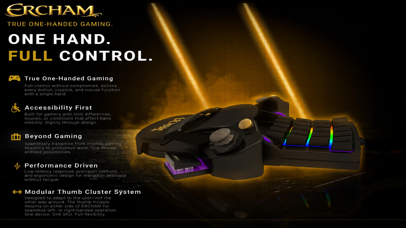 ERCHAM MK1 - One Hand. Full Control. True one-handed gaming promotional render with feature highlights